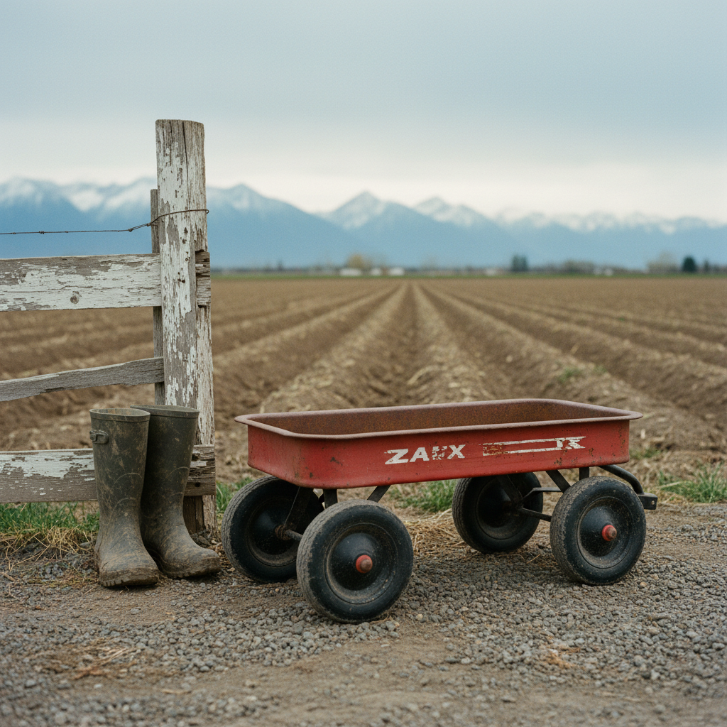 An analog-film style photograph of a small, well-worn red wagon parked beside a gravel driveway in rural Idaho. The wagon’s metal sides are chipped and slightly rusted, its black rubber wheels dusted with fine gray gravel. Nearby, a pair of muddy rubber boots stands abandoned next to an old wooden fence, whose peeling white paint reveals silvery grain beneath. Beyond the fence, a broad potato field stretches toward snow-dusted mountains under a soft overcast sky. The diffused late-morning light creates even, gentle illumination with muted, sophisticated colors and subtle film grain. Shot from a low angle, the wagon dominates the foreground while the landscape softly fades back, capturing the quiet weight of childhood adventures.