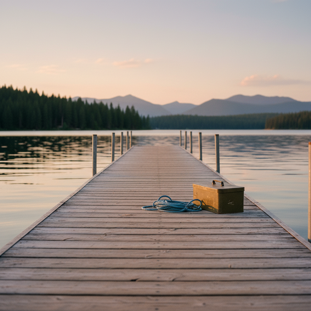 An analog-film photograph of an empty lakeside dock on a clear Idaho summer evening, the weathered wooden planks bleached and splintered from years of use. A neatly coiled, sun-faded nylon rope and a dented metal tackle box sit near the edge, their surfaces catching the last hints of golden light. The still water reflects a ring of dark pine trees and distant mountains, the horizon tinted in soft peach and lavender. Gentle ripples distort the reflections just enough to suggest a breeze. Taken from a low angle along the dock’s length, with the far shoreline subtly blurred, the composition feels calm and sophisticated, invoking the hushed, reflective mood of childhood nights spent by the lake.