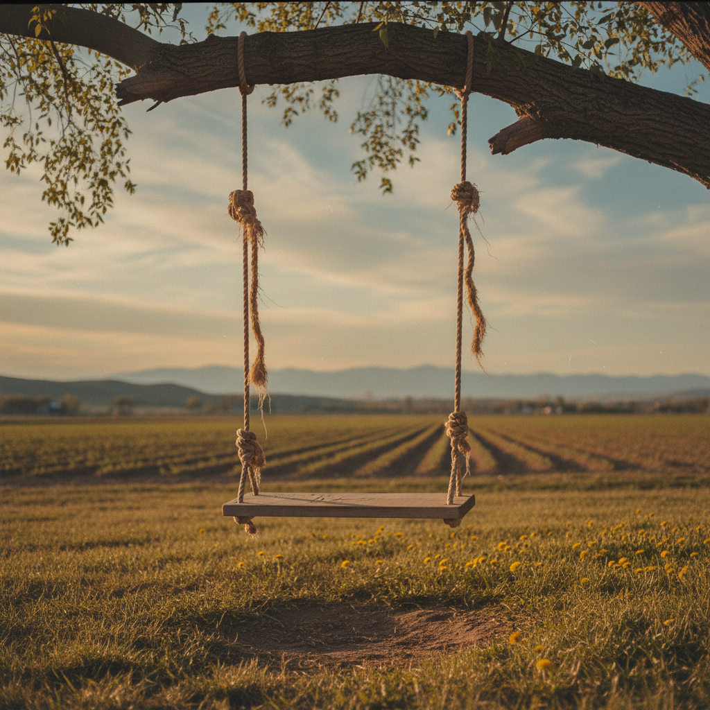 A vintage analog-film image of an empty wooden tree swing, its thick frayed rope tied to a massive cottonwood branch beside an irrigated Idaho field. The swing’s plank seat is scuffed and sun-bleached, hovering just above dry, trampled grass dotted with dandelions. In the distance, neat rows of crops recede toward low foothills and a faint line of blue-gray mountains beneath an expansive sky streaked with thin clouds. Captured during golden hour, warm sunlight filters through leaves, casting dappled shadows on the ground and a halo around the swing. Composed at eye level with the swing slightly off-center, the background softens into gentle blur, evoking quiet childhood afternoons and reflective nostalgia.