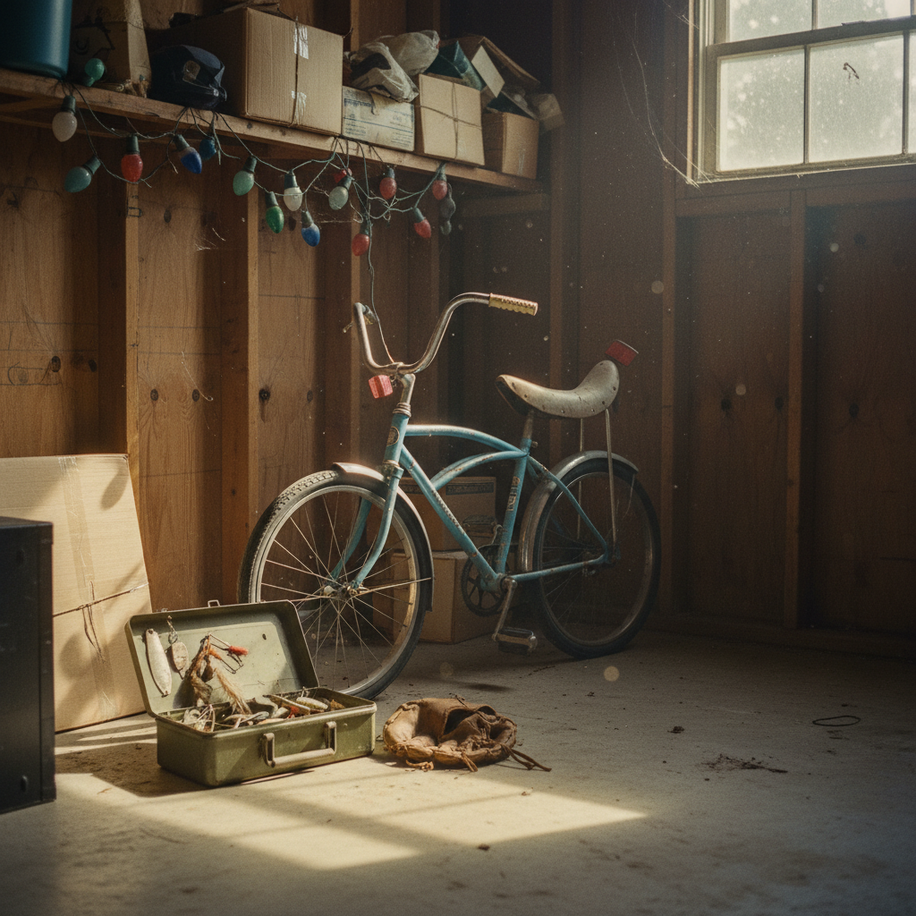 A softly faded analog-film photo of a cluttered garage corner, centered on a scratched, sky-blue banana-seat bicycle leaning against unfinished plywood walls. The chrome handlebars are dulled with age, a cracked plastic reflector hanging askew. Above, exposed rafters hold dusty cardboard boxes and tangled strings of holiday lights. On the oil-stained concrete floor, an open tackle box spills vintage lures, and a worn baseball mitt rests nearby. A high, dirty window lets in a thin shaft of late-afternoon sun, creating a warm beam that highlights dust motes and casts long, dramatic shadows. Framed from a three-quarter angle with moderate depth of field, the scene feels intimate, quiet, and steeped in layered Idaho childhood memories.