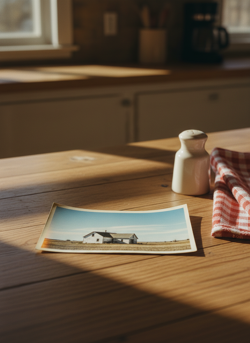 A slightly curled, matte 4x6 analog film photograph lying on a worn pine kitchen table, showing a weathered white clapboard farmhouse in rural Idaho under a wide, pale-blue sky. The photo edges are softly yellowed, with subtle film grain and a faint light leak along one side, evoking age. Late-afternoon window light falls across the tabletop, creating a gentle diagonal of brightness and long, soft shadows from a chipped ceramic salt shaker and a folded checkered dish towel nearby. Shot from an elevated angle with shallow depth of field, the printed image is in sharp focus while the surrounding kitchen blurs into warm, nostalgic tones, conveying a sophisticated yet intimate memory of home.