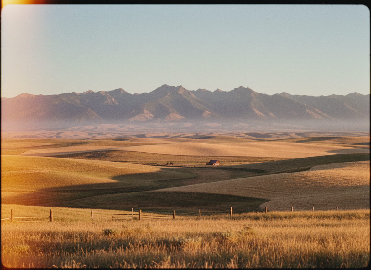 Analog film photograph, vintage 1970s Idaho rural landscape at golden hour, warm muted faded tones, visible film grain and slight light leak, rolling wheat fields with distant mountains, soft nostalgic aesthetic, Kodachrome color palette, slightly overexposed edges, archival family photo feel